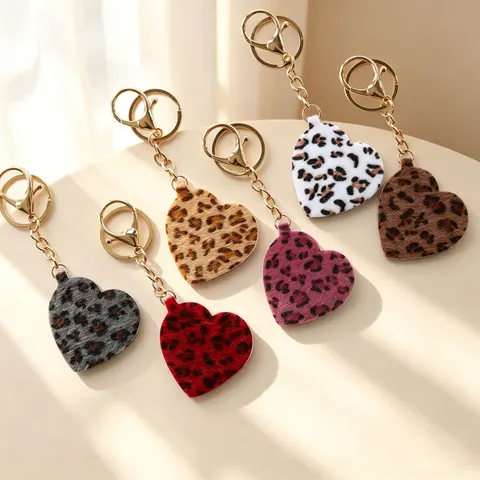 Rétro Imprimé Léopard Cœur Petit Miroir Porte-clés Cuir Synthétique Miroir de Maquillage Portable Pendentif de Sac Bijou