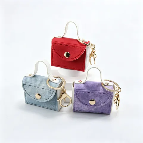 Porte-clés en Cuir PU Texture Denim Mini Sac de Rangement pour Écouteurs Porte-monnaie pour Femme Pendentif de Sac