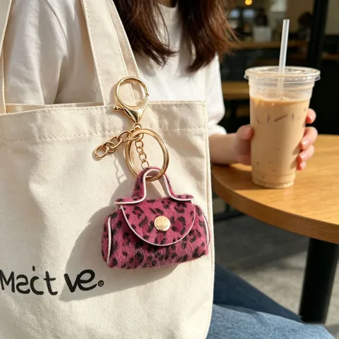 Porte-clés Mini Portemonnaie en Peluche Imprimé Léopard Similicuir de Veau Breloque de Sac Mignon Anneau de Clés avec Quincaillerie en Métal Doré
