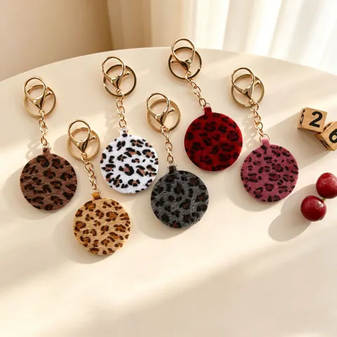 Imprimé Léopard Peluche Portable Miroir de Maquillage Porte-clés Mignon Moelleux Rond Miroir de Poche Breloque de Sac