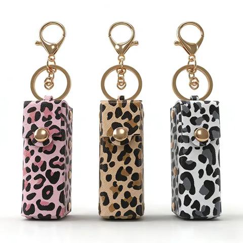 Porte-Clés Portable Support à Rouge à Lèvres Imprimé Léopard Pochette de Rangement en Cuir Écologique avec Anneau Pression Or