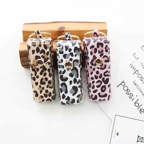 Porte-Clés Portable Support à Rouge à Lèvres Imprimé Léopard Pochette de Rangement en Cuir Écologique avec Anneau Pression Or