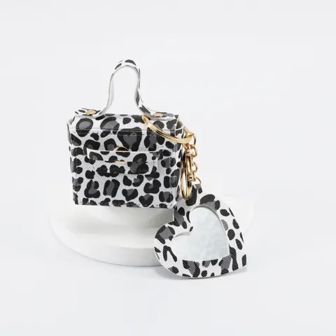 Porte-Clés Petit Sac Carré Imprimé Léopard Cuir PU Miroir Cœur Portemonnaie Mode Charm de Sac Pendentif