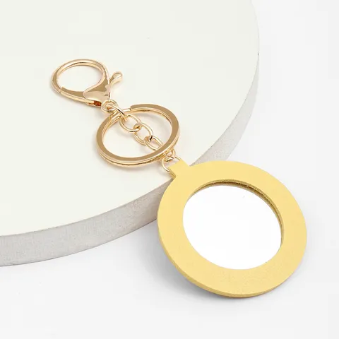 Porte-clés Miroir de Maquillage en Similicuir Rond Portable Miroir de Poche en Verre Créatif Anneau de Clés Sac Voiture Ornement Suspendu Cadeau