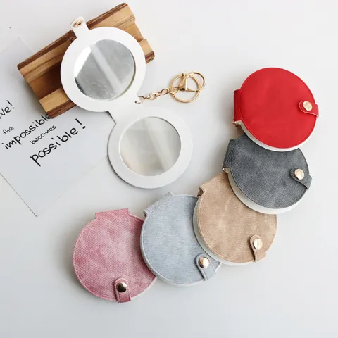 Petit Miroir Rond Portable Porte-Clés Miroir de Maquillage en Cuir Mignon Pendentif de Sac Cadeau pour Femmes et Filles