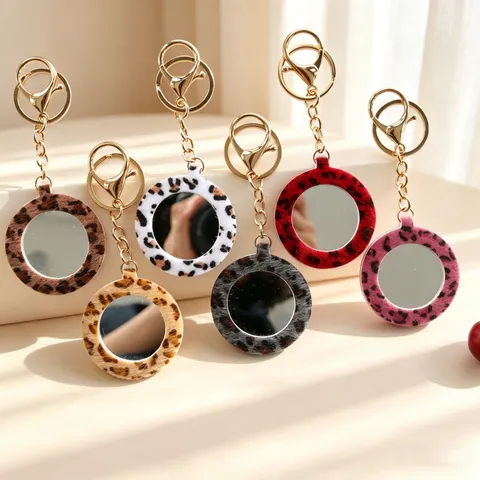 Imprimé Léopard Peluche Portable Miroir de Maquillage Porte-clés Mignon Moelleux Rond Miroir de Poche Breloque de Sac