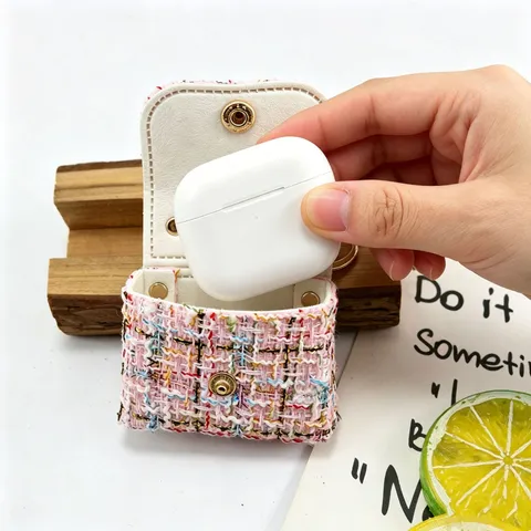 Vintage Tweed Sac de Rangement pour Écouteurs Mini Porte-Monnaie Assemblage Cuir Porte-Clés Pendentif Chic Femmes Pendentif de Sac