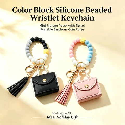 Porte-clés Bracelet en Perles de Silicone Avec Mini Pochette à Monnaie en Cuir Goutte Pendentif de Sac de Rangement Portable