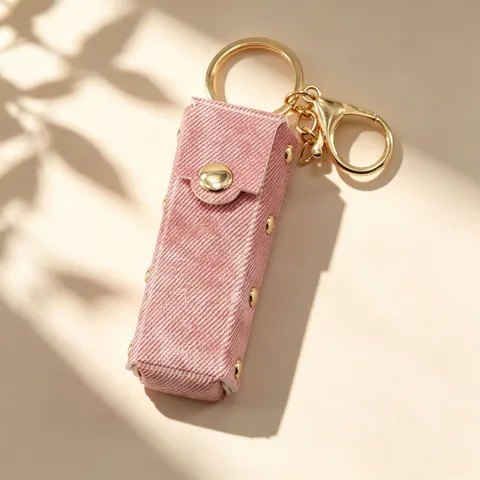 Porte-clés Étui à Rouge à Lèvres Rétro Rivets Similicuir Imitation Denim Pochette de Rangement Portable Monogramme Polyvalent