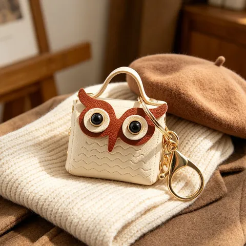 Pochette d'Écouteurs en Cuir Hibou Mignon Porte-clés Mini Portemonnaie Pendentif de Sac Accessoires Design Animaux
