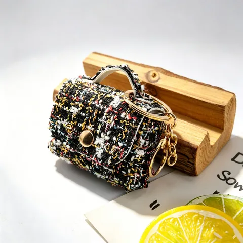 Vintage Tweed Sac de Rangement pour Écouteurs Mini Porte-Monnaie Assemblage Cuir Porte-Clés Pendentif Chic Femmes Pendentif de Sac