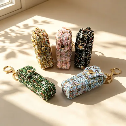 Sac de Rangement pour Rouge à Lèvres en Tweed Rétro Assemblage en Cuir Porte-Clés Breloque de Sac Pendentif Mignon
