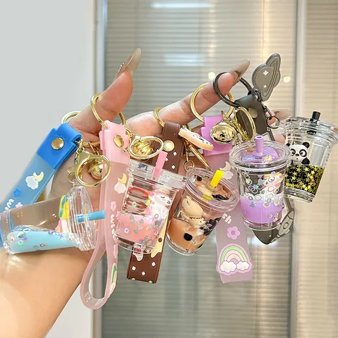 Cute Cartoon Liquid Quicksand Milk Tea Bottle Keychain Sweet Style Acrylic Metal Key Chain Bag Pendant Gift