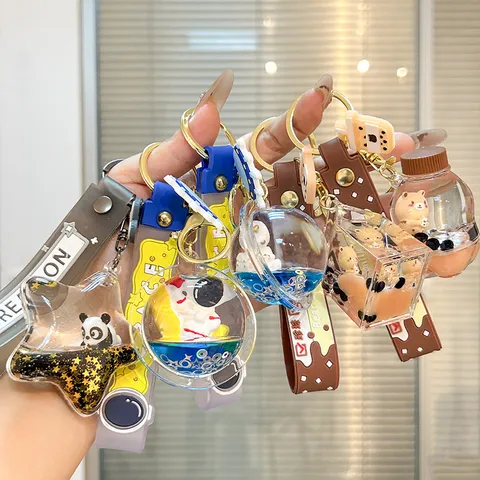 Cute Quicksand Liquid Bottle Keychain Astronaut Bubble Tea Bag Pendant Acrylic Key Chain Ring For Women Gifts
