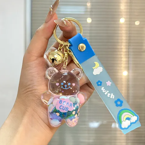 Cute Liquid Quicksand Bear Keychain Sweet Style Acrylic Key Chain Bag Pendant Car Hanging Ornament Accessories