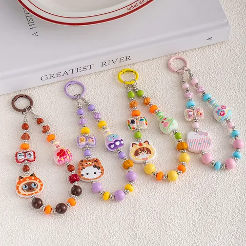 Colorful Cute Cat Bead Phone Chain Acrylic Resin Cat Head Keychain Sweet Bag Pendant Phone Strap Jewelry Gift