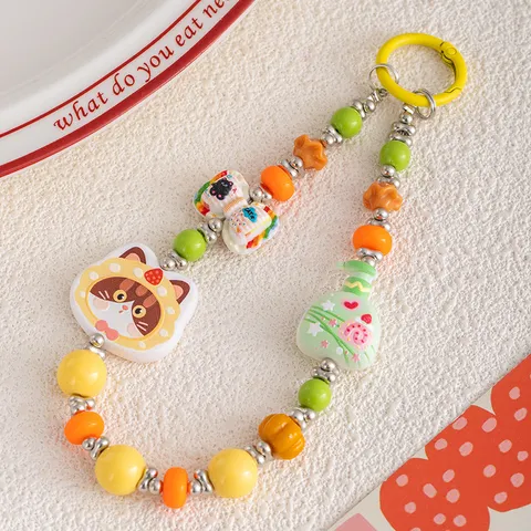 Colorful Cute Cat Bead Phone Chain Acrylic Resin Cat Head Keychain Sweet Bag Pendant Phone Strap Jewelry Gift