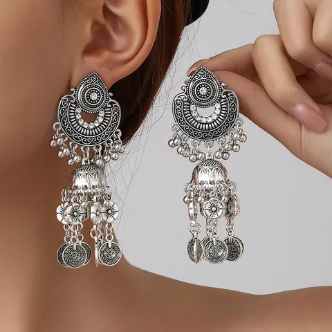 Boho Vintage Pièce Tassel Dangle Boucles d'Oreilles Ethnique Style Arabe Alliage Strass Drop Boucles d'Oreilles pour Femmes Bijoux