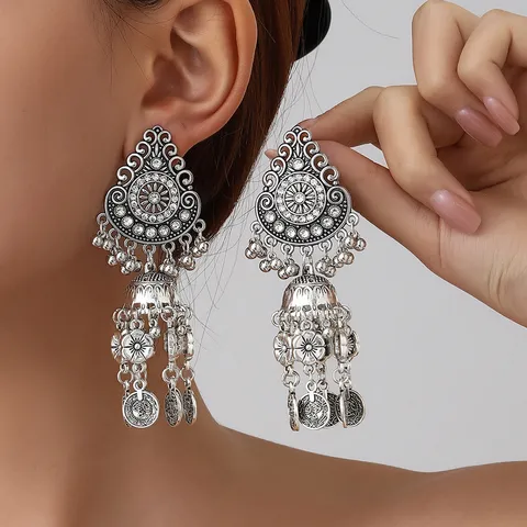 Boho Vintage Pièce Tassel Dangle Boucles d'Oreilles Ethnique Style Arabe Alliage Strass Drop Boucles d'Oreilles pour Femmes Bijoux