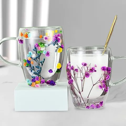 Modern Double Walled Borosilicate Glass Cup With Handle Dried Flower Clear Heat Resistant Coffee Mug For Office Home Gift