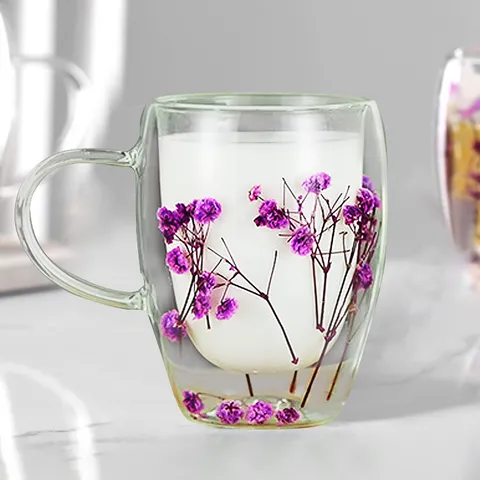 Modern Double Walled Borosilicate Glass Cup With Handle Dried Flower Clear Heat Resistant Coffee Mug For Office Home Gift