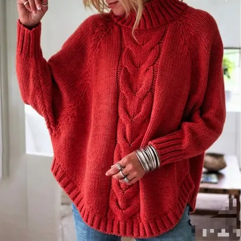 Women's Loose Batwing Sleeve Mock Neck Cable Knit Sweater Fall Winter Oversized Solid Color Knitted Pullover Top