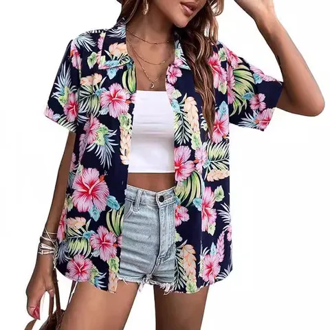 Women's Summer Hawaiian Shirt Tropical Floral Print Short Sleeve Button Down Polyester Blouse Casual Beach Resort Top