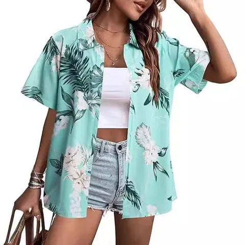 Women's Summer Hawaiian Shirt Tropical Floral Print Short Sleeve Button Down Polyester Blouse Casual Beach Resort Top