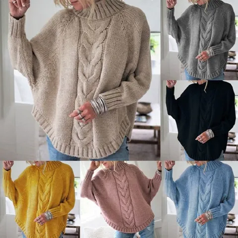 Women's Loose Batwing Sleeve Mock Neck Cable Knit Sweater Fall Winter Oversized Solid Color Knitted Pullover Top