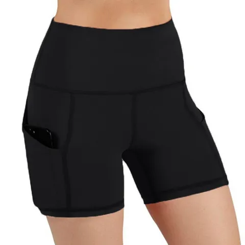 Women High Waist Yoga Shorts Side Phone Pockets Tummy Control Workout Running Active Bottoms Solid Color Polyester Biker Shorts