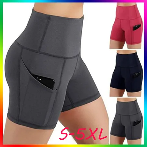 Women High Waist Yoga Shorts Side Phone Pockets Tummy Control Workout Running Active Bottoms Solid Color Polyester Biker Shorts