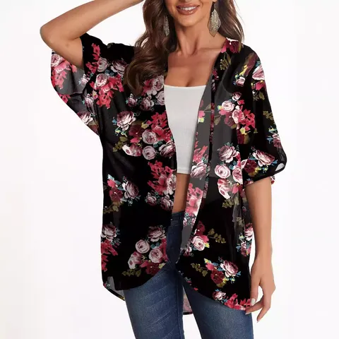 Women Floral Printed Polyester Chiffon Kimono Cardigan Open Front Sunscreen Blouse Loose Half Sleeve Casual Summer Beach Cover Up Top