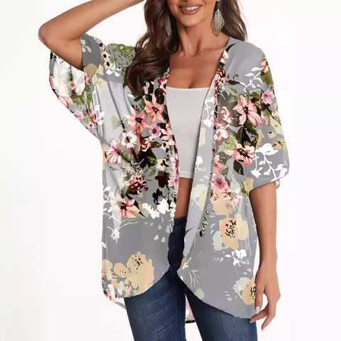 Women Floral Printed Polyester Chiffon Kimono Cardigan Open Front Sunscreen Blouse Loose Half Sleeve Casual Summer Beach Cover Up Top