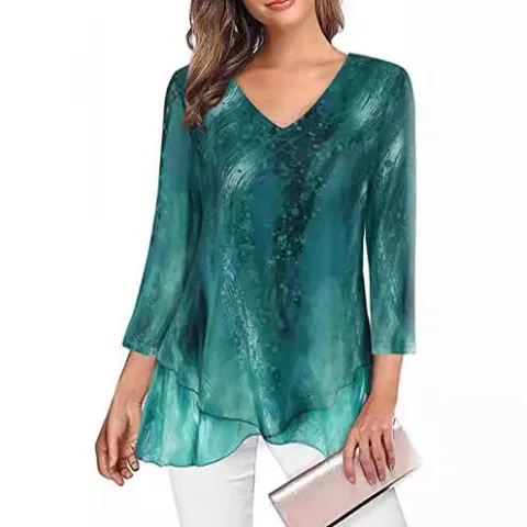 Women Deep V Neck Chiffon Blouse Elegant Three Quarter Sleeve Painted Print Top Asymmetrical Hem Casual Slim Fit Shirt