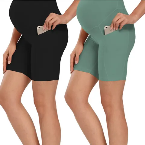 Women's Maternity Yoga Sports Shorts High Waist Belly Support Slim Fitness Workout Athletic Shorts Summer Activewear