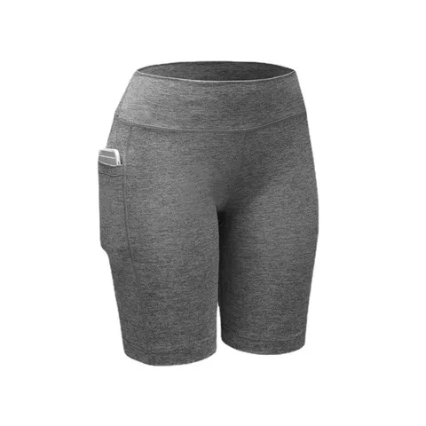 Women High Waist Pocket Athletic Yoga Shorts Fitness Running Sports Gym Leggings Solid Color Polyester Workout Pants