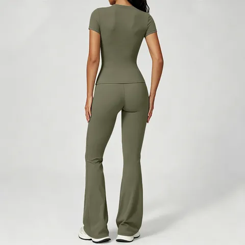 Women's Athletic Yoga Set Short Sleeve Top And High Waist Flared Pants Gym Activewear Workout Fitness Tracksuit