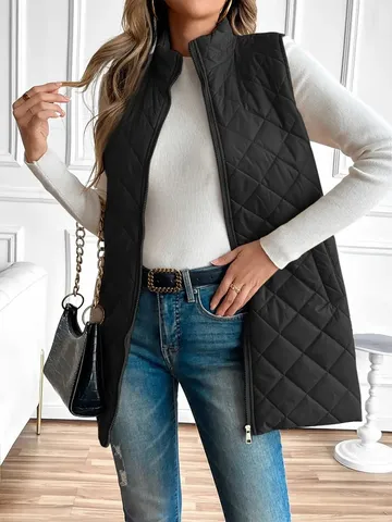 Women Winter Mid-Length Stand Collar Puffer Vest Casual Solid Color Quilted Sleeveless Zipper Outerwear Coat