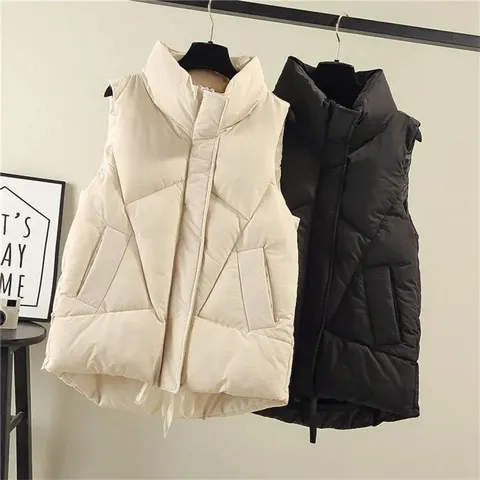 Women's Winter Casual Stand Collar Short Down Cotton Vest Warm Sleeveless Outerwear Zip Up Puffer Vest Jacket