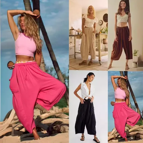 Dames Casual Katoen-Linnen Mix Harembroek Middlere Taille Losse Pasvorm Effen Kleur Zakken Enkelbroek