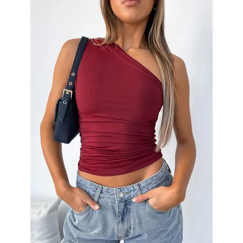 Donne Sexy Monospalla Tinta Unita Arricciato Crop Canotta Slim Fit Senza Maniche Casual Festa Basic Clubwear Gilet