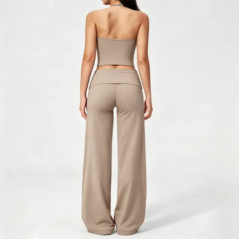 Women Halter Backless Yoga Set Fitness Activewear Moisture Wicking Top And Bottom Wide Leg Pants Sportswear
