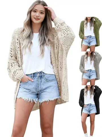 Women's Casual Open Front Long Sleeve V-Neck Hollow Out Cardigan Solid Color Loose Knit Sweater Outwear Autumn Fashion Clothing