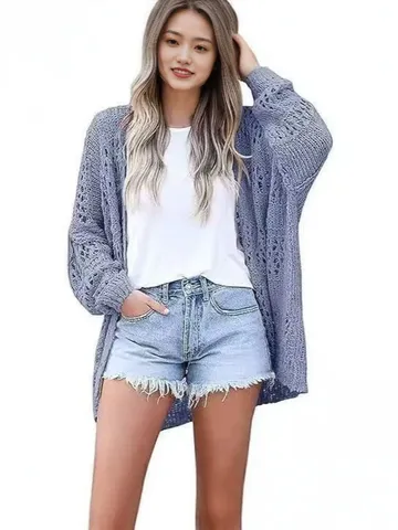 Women's Casual Open Front Long Sleeve V-Neck Hollow Out Cardigan Solid Color Loose Knit Sweater Outwear Autumn Fashion Clothing