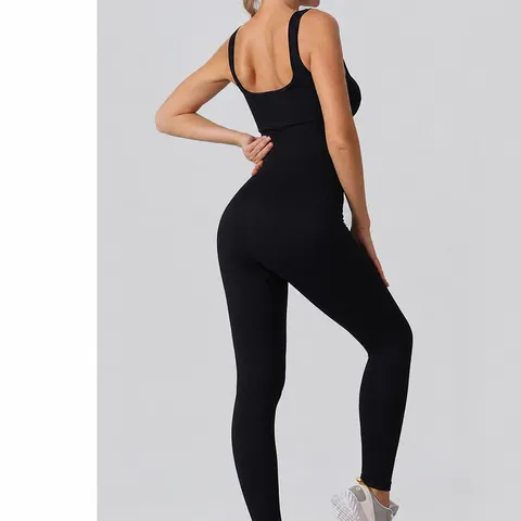 Women's Seamless Ribbed Yoga Jumpsuit Solid Color Fitness Activewear Workout Romper With Removable Chest Pads
