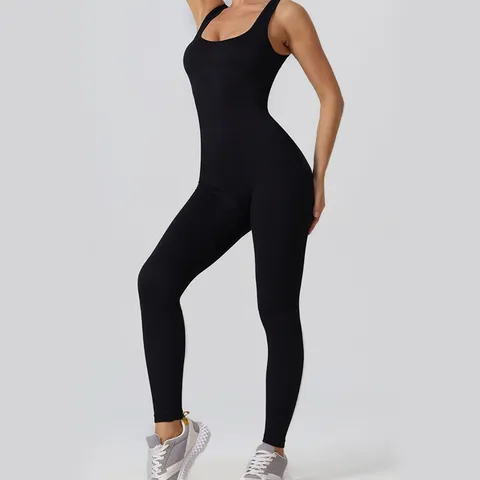 Women's Seamless Ribbed Yoga Jumpsuit Solid Color Fitness Activewear Workout Romper With Removable Chest Pads