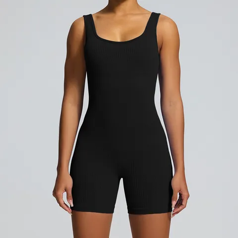 Women's Seamless Ribbed Yoga Jumpsuit Athletic Fitness Workout Romper U-Neck Activewear