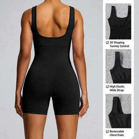 Women's Seamless Ribbed Yoga Jumpsuit Athletic Fitness Workout Romper U-Neck Activewear