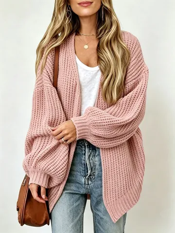 Women's Casual V-Neck Long Lantern Sleeve Chunky Knit Cardigan Solid Color Loose Pocket Sweater Outerwear