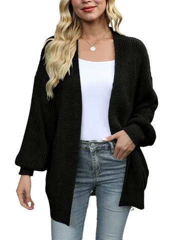 Women's Casual V-Neck Long Lantern Sleeve Chunky Knit Cardigan Solid Color Loose Pocket Sweater Outerwear